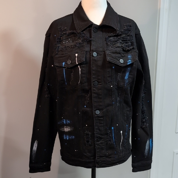 DNA, Hand-painted Black Distressed Women's Denim Jacket with Blue Accents,Size S - Picture 1 of 15